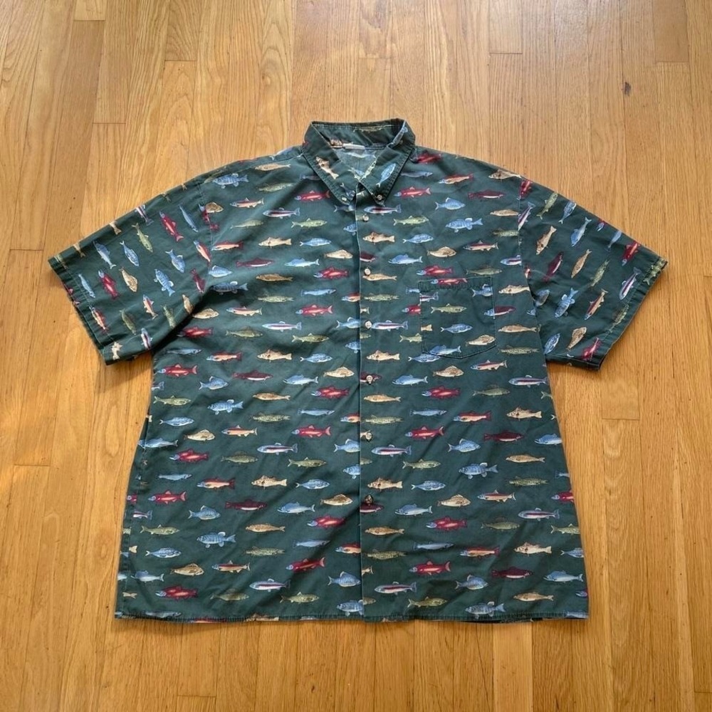 Green Fish Print Button‑Up Shirt